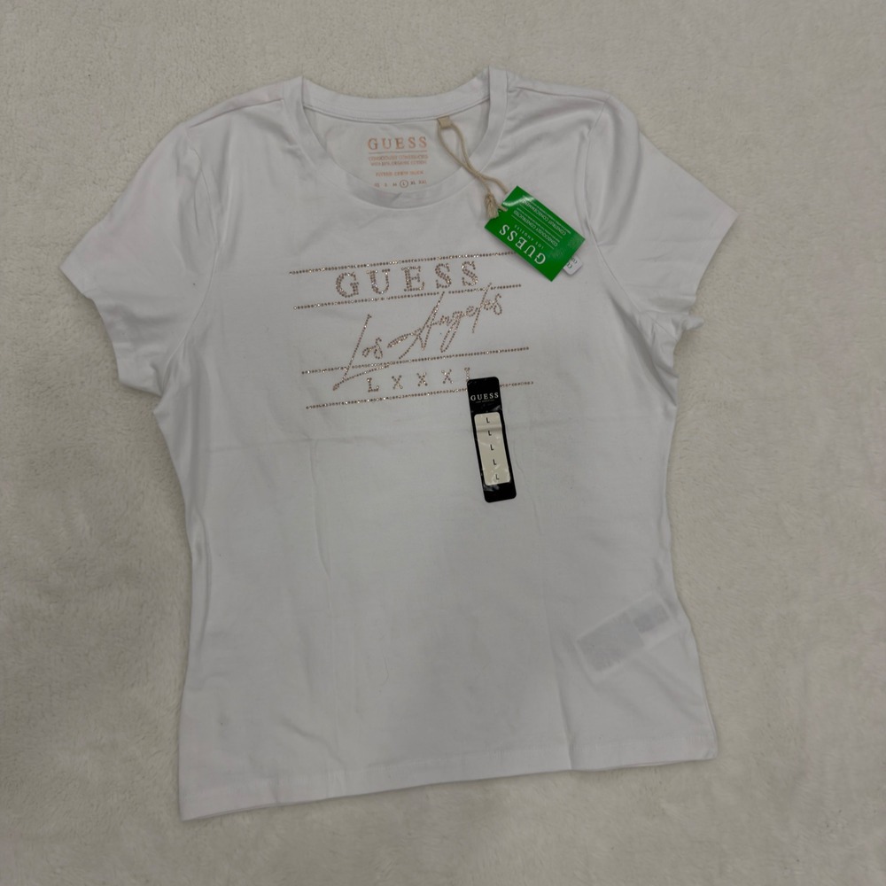 Guess Los Angeles Womens White Rhinestone Logo Fitted Crew Neck T-Shirt Size L